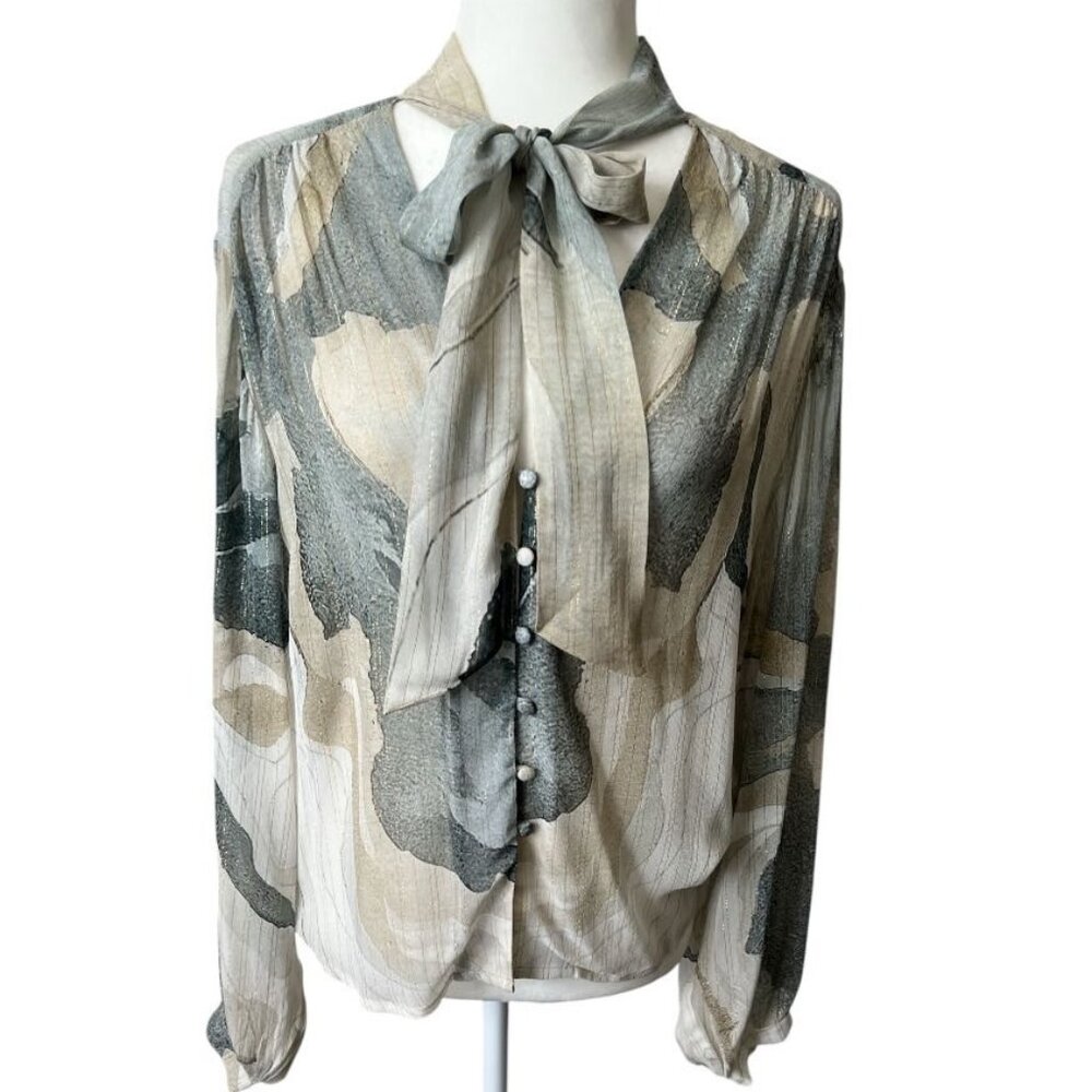 Anthropologie Bl^nk Grey Marble Print Neck Tie Semi Sheer Moira Shirt NWT - Picture 3 of 13